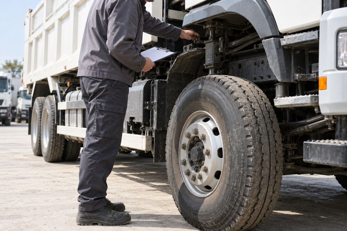Illustrative generated scene of a technician examining a truck wheel and chassis; not a verified inspection or a specific stock vehicle.